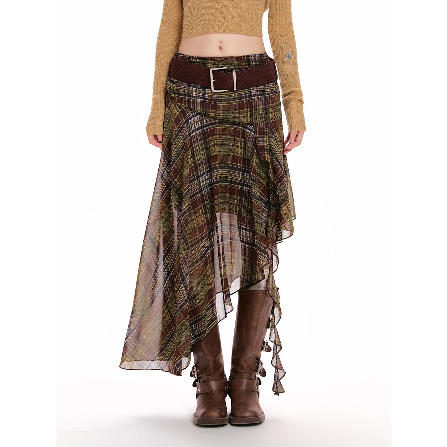 Green Chiffon Plaid Asymmetrical Skirt
