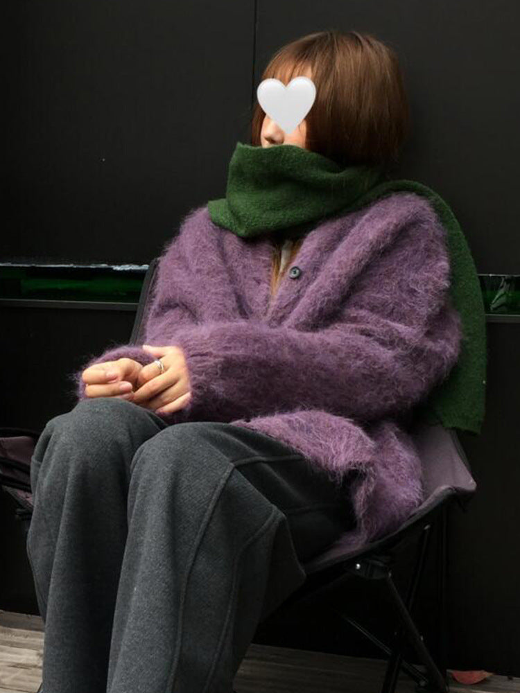 Purple Lazy High-end Mohair Cardigan Women's Autumn Winter Loose