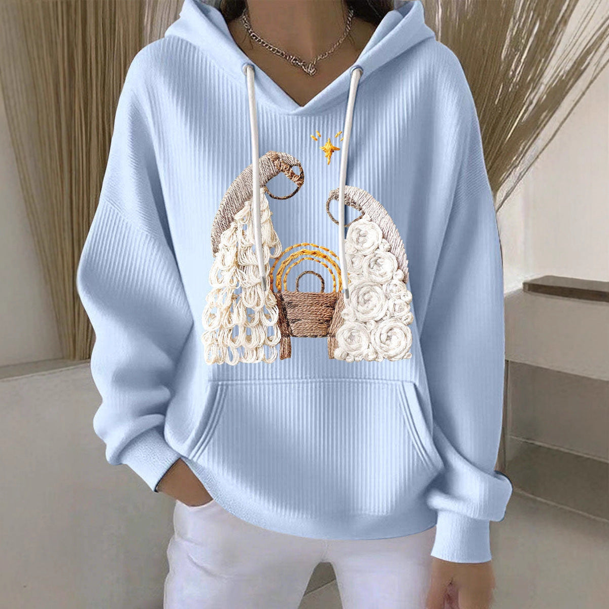 Kvinders afslappede løse mode-waffle-sweatshirt med rund hals