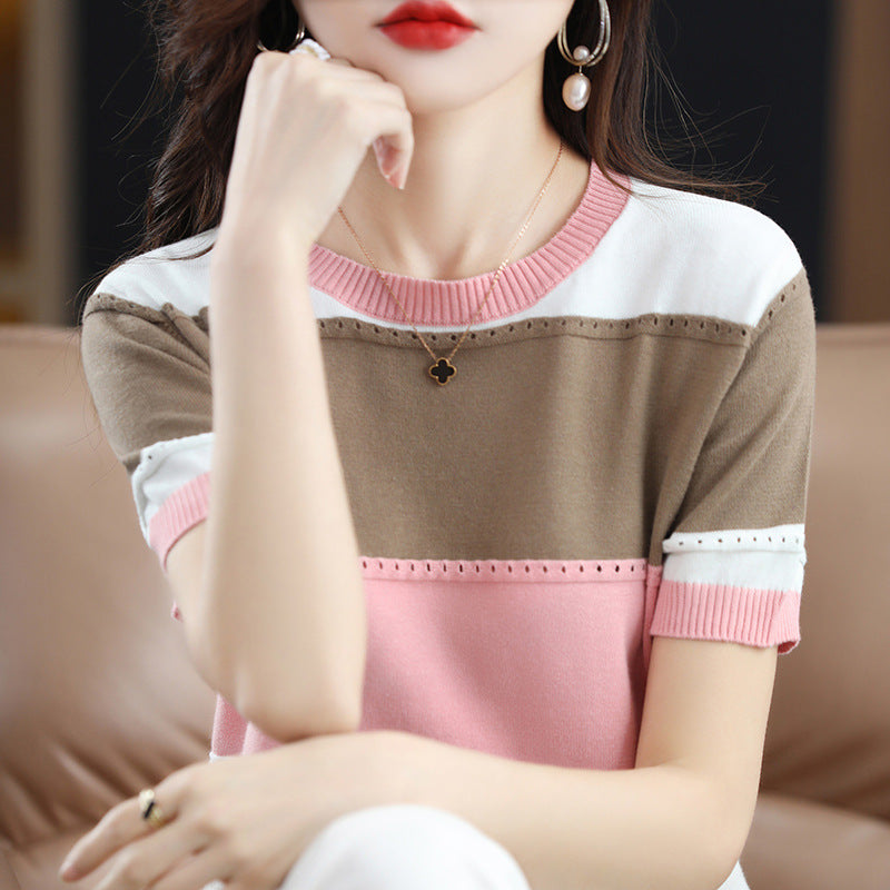 Round Neck Multicolor Hollow Loose Slimming Cotton Pullover Knitting Half Sleeve