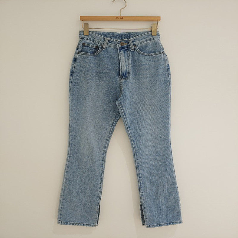High waist side split slimming straight pants mopping floor jeans