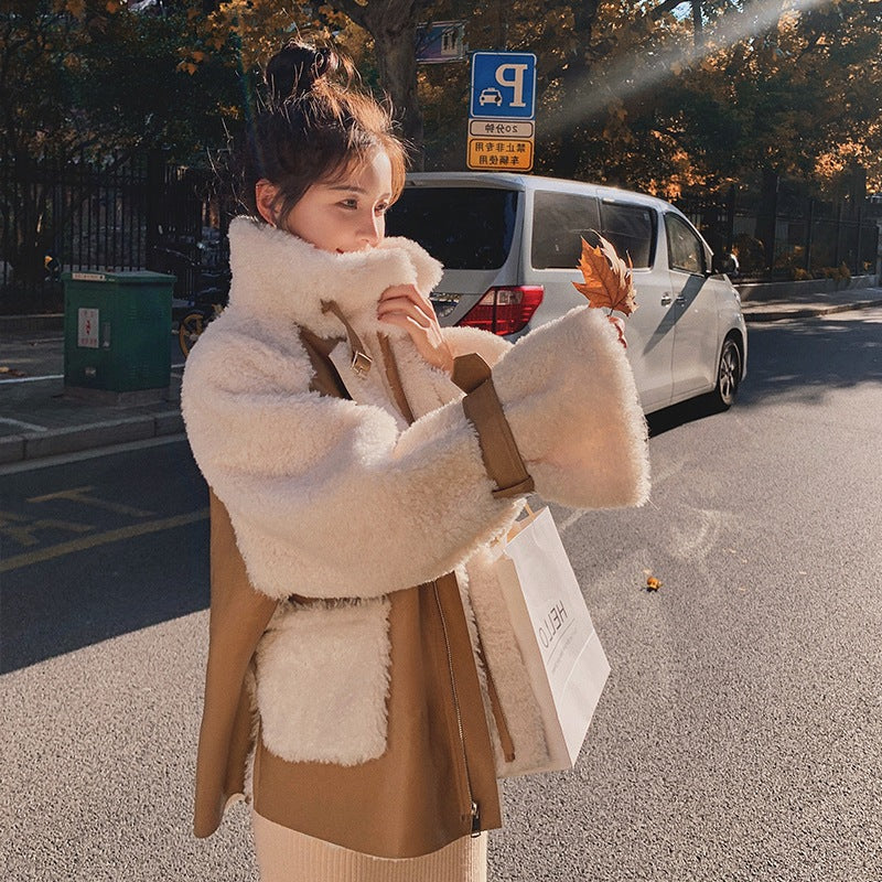 Mikhaki Stitching Lace-up Flared Sleeve Fur Coat