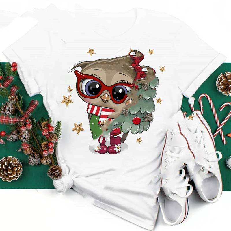 Christmas Penguin Owl Print Women's Black T-Shirt