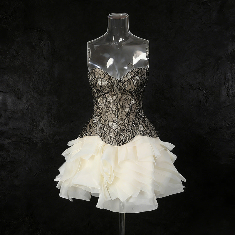 Heavy-embellished Tube Top Solid-color Bubble Skirt For Women