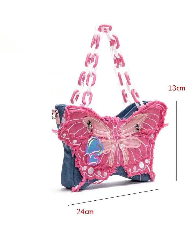 Original Denim Butterfly Contrast Color Acrylic Chain Shoulder Messenger Bag