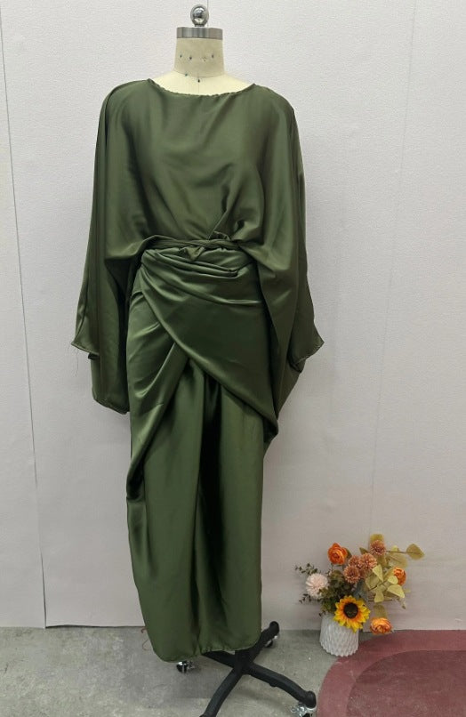 Batwing Sleeve Belt Waist Slimming Solid Color Dress