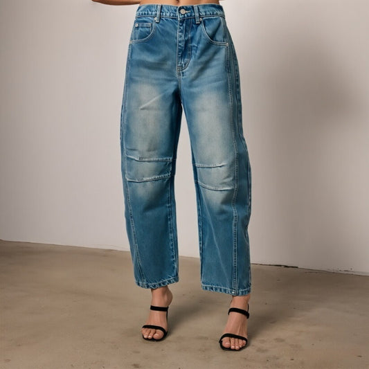 Damejeans Løse Lige Ben Vasket Denim Med Vidde Ben Draperet Pasform