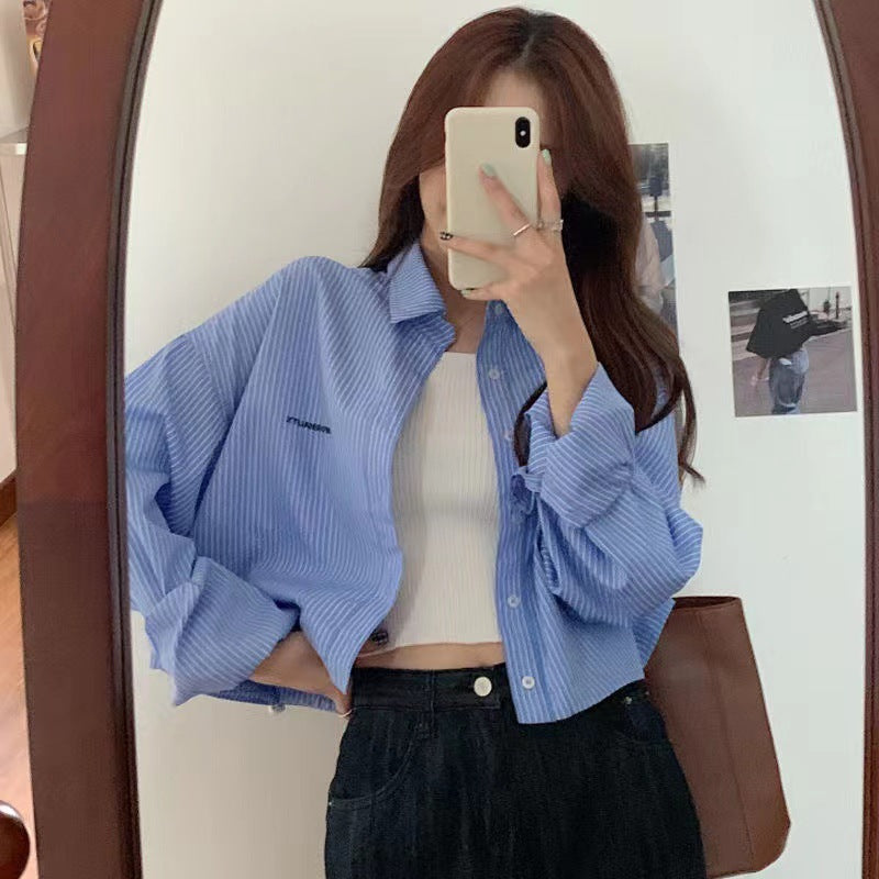 Vertical Striped Short Embroidery Shirt