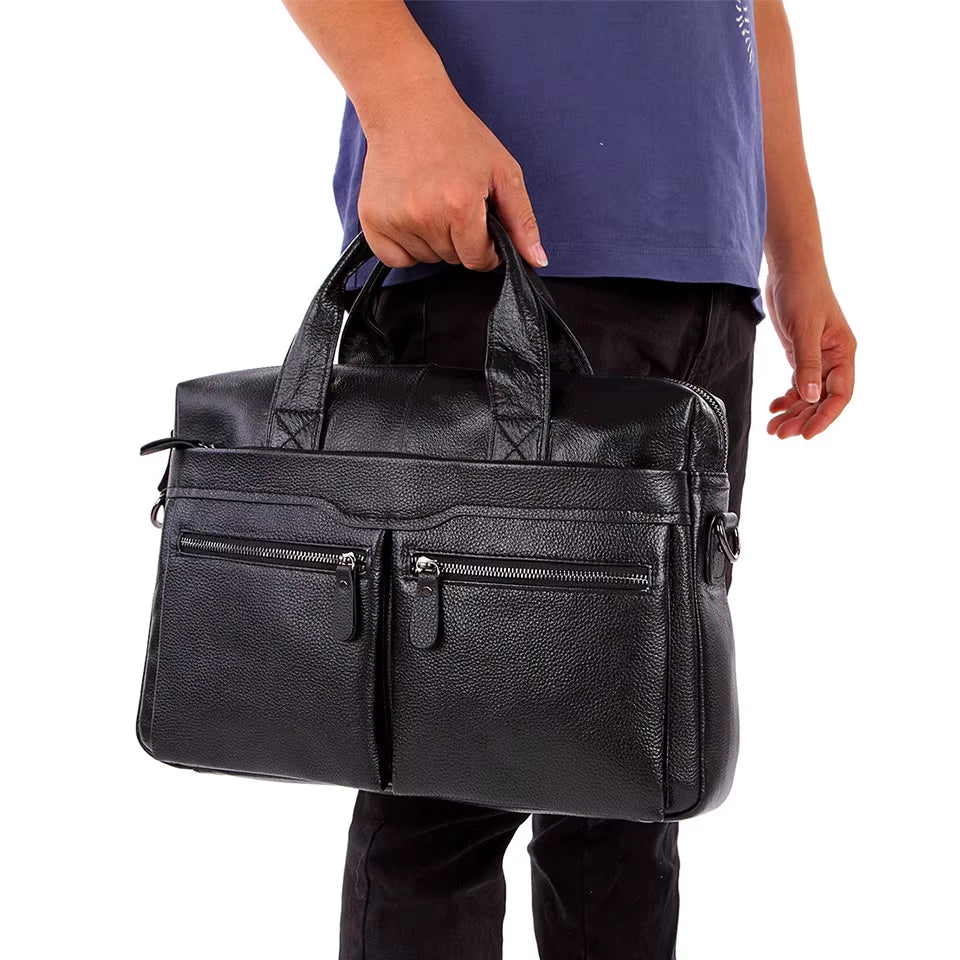 Genuine Leather Black Messenger Bag for Men - Large 14" Laptop Briefcase and Travel Shoulder Bag