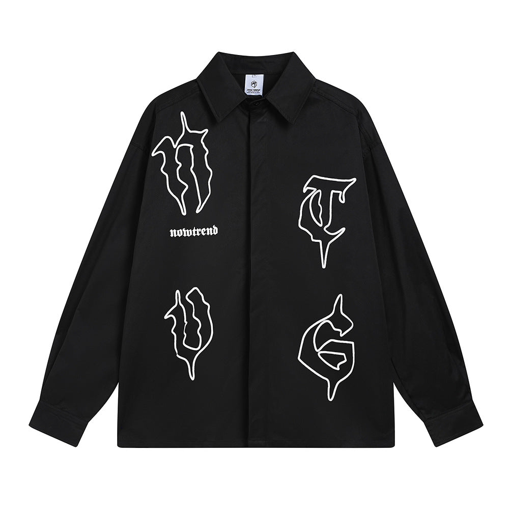 Gothic Letter Printed Long Sleeve Shirt Loose Casual Cardigan