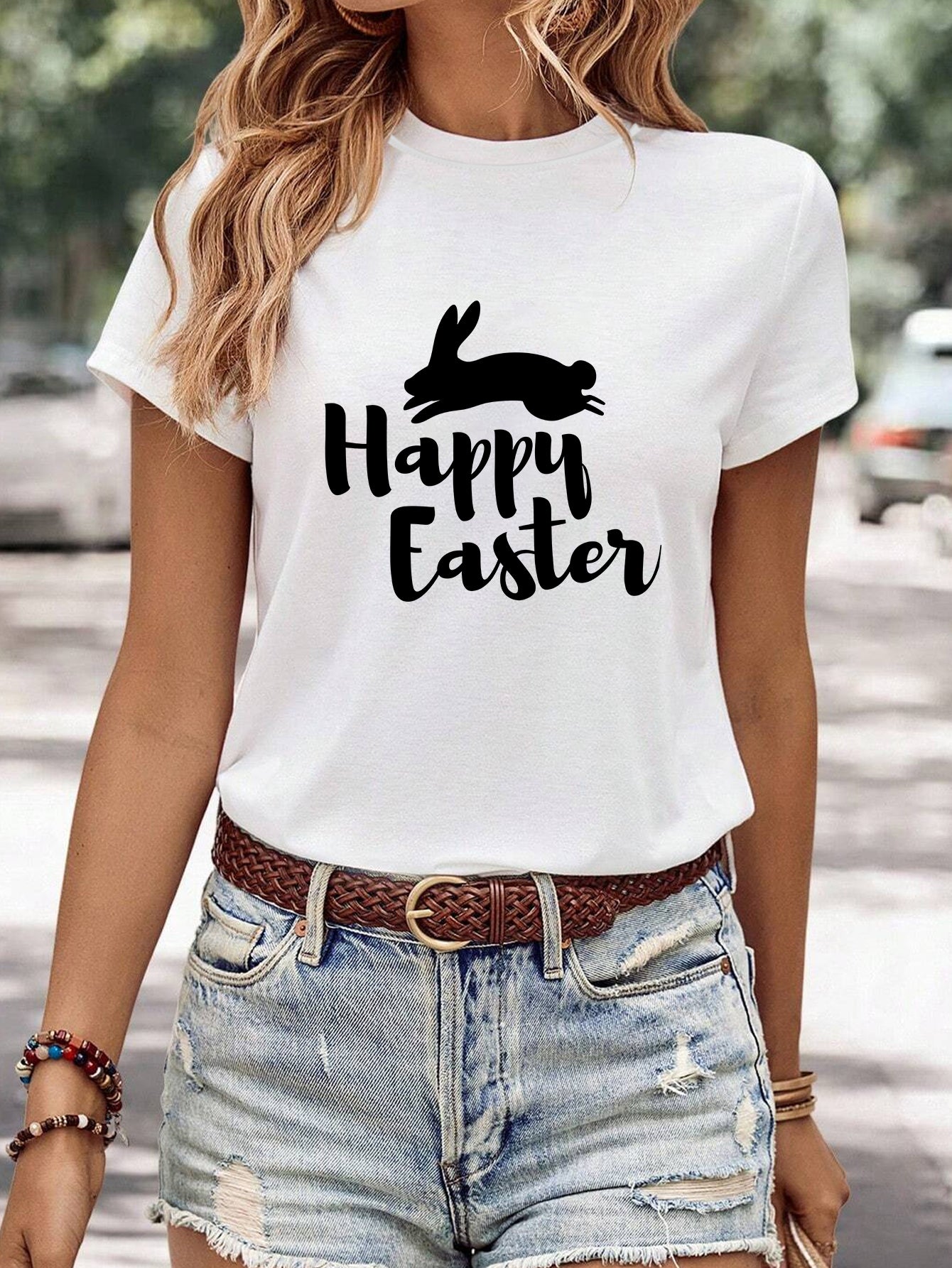Kvinders minimalistiske afslappede T-shirt med print og rund hals