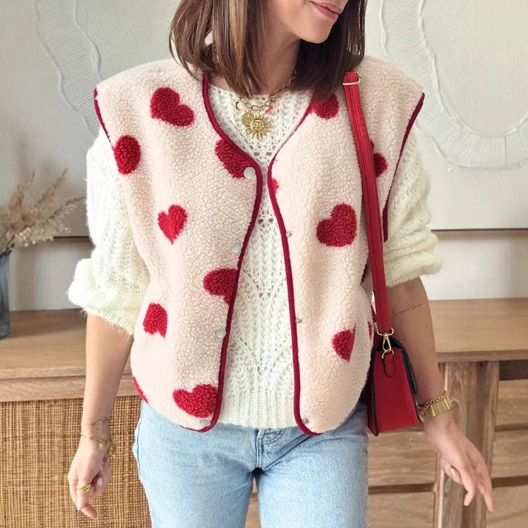 Women's Casual Lamb Fleece Heart Button Vest