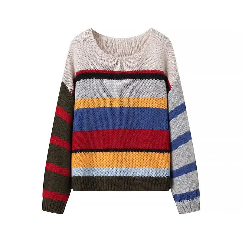 Women's Round Neck Rainbow Striped Sweater