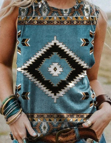 Retro Print Round Neck Short Sleeve Women's T-shirt