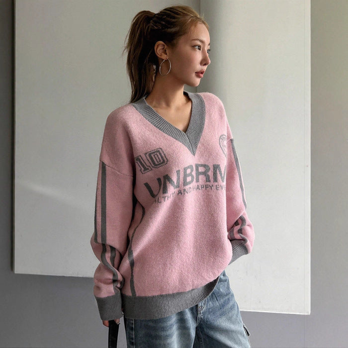 Hot Girl Loose Preppy Style Casual Contrast Color Lazy Sweater