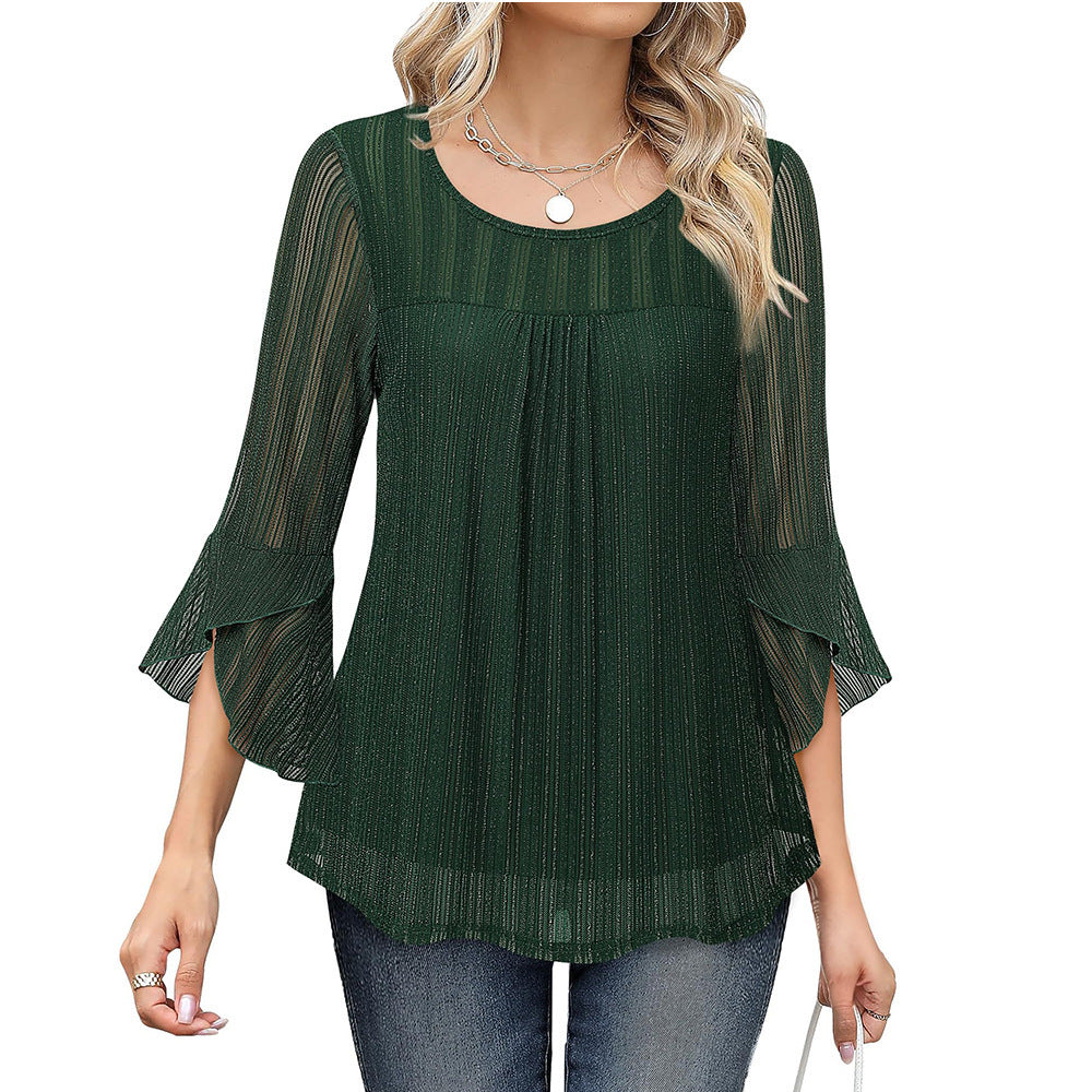 Elegant And Stylish Round-neck Top With Ruffled Sleeves And Sparkling Mesh Fabric