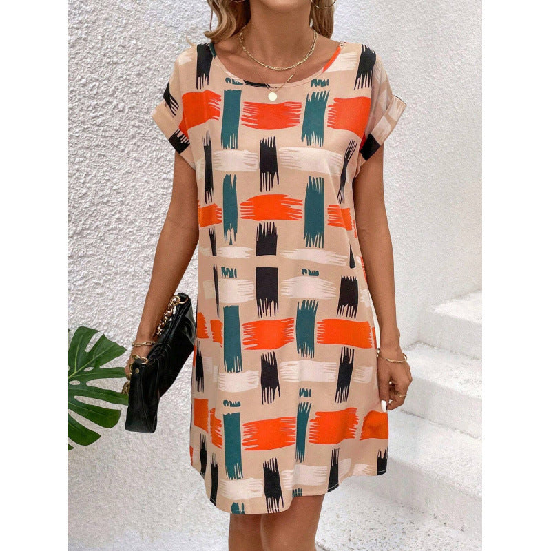 Loose-fitting Casual Crew-neck Printed Short-sleeve Dress