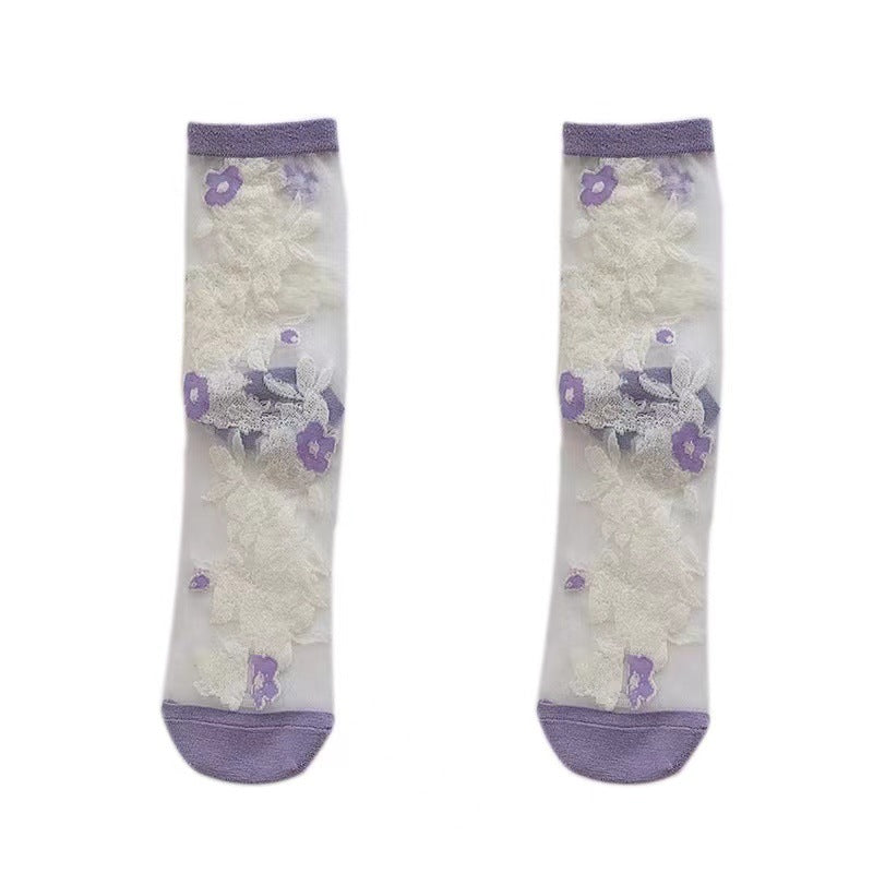 Spring And Summer Ultra-thin Breathable Retro Large Flower Spun Glass Mid-calf Socks Crystal Long Socks