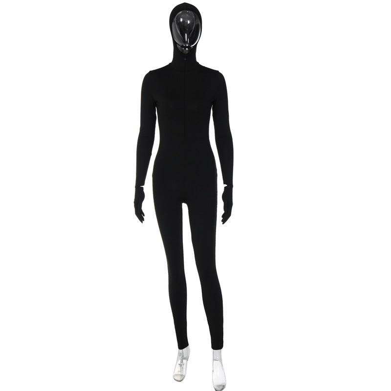 Zipper Hooded Slim Fit Long Sleeve Finger Stall Jumpsuit