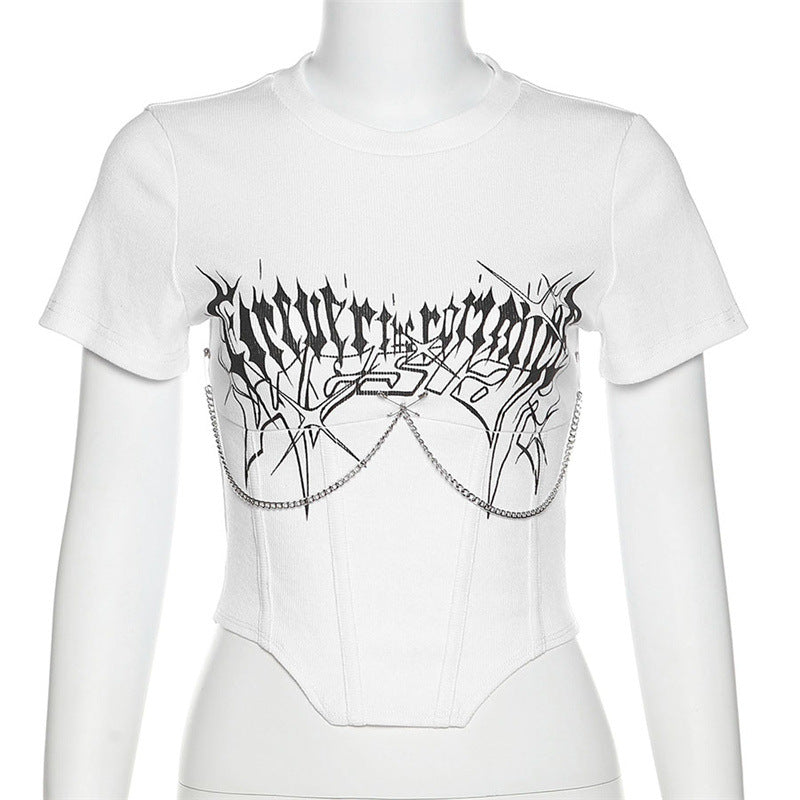 Metal Chain Print Belted Crop T-Shirt