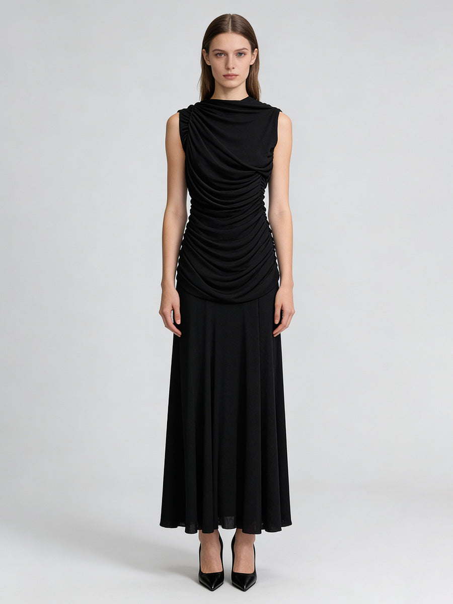 Sleeveless Turtleneck Dress With Gathered Waist
