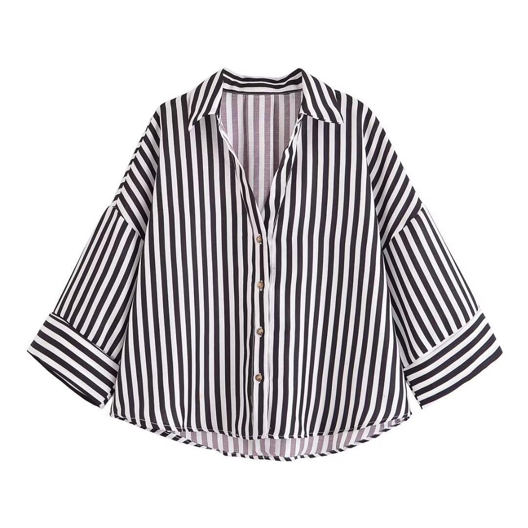 Women's Fashionable Slim-Fit Linen Multi-Color Striped Long-Sleeve Shirt