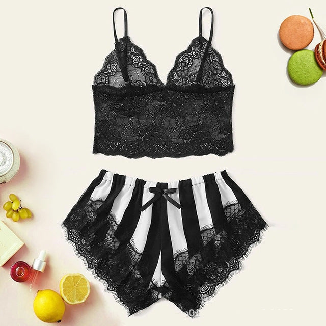 Women's Lace Home Striped Underwear Set