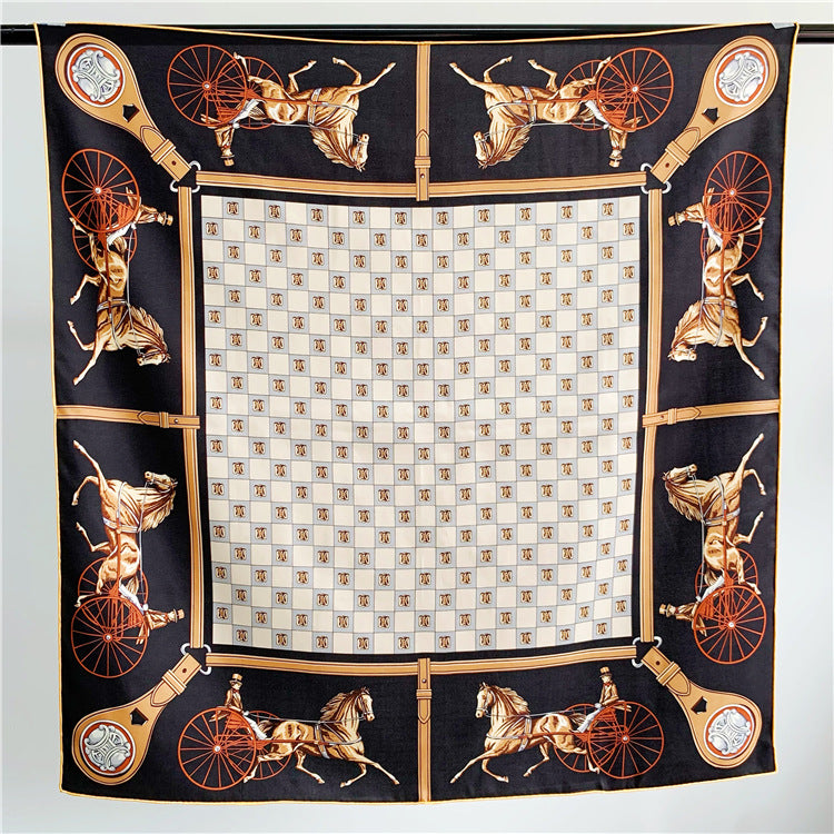 Classic Carriage Silk Twill Large Square Scarf Shawl Elegant Temperament
