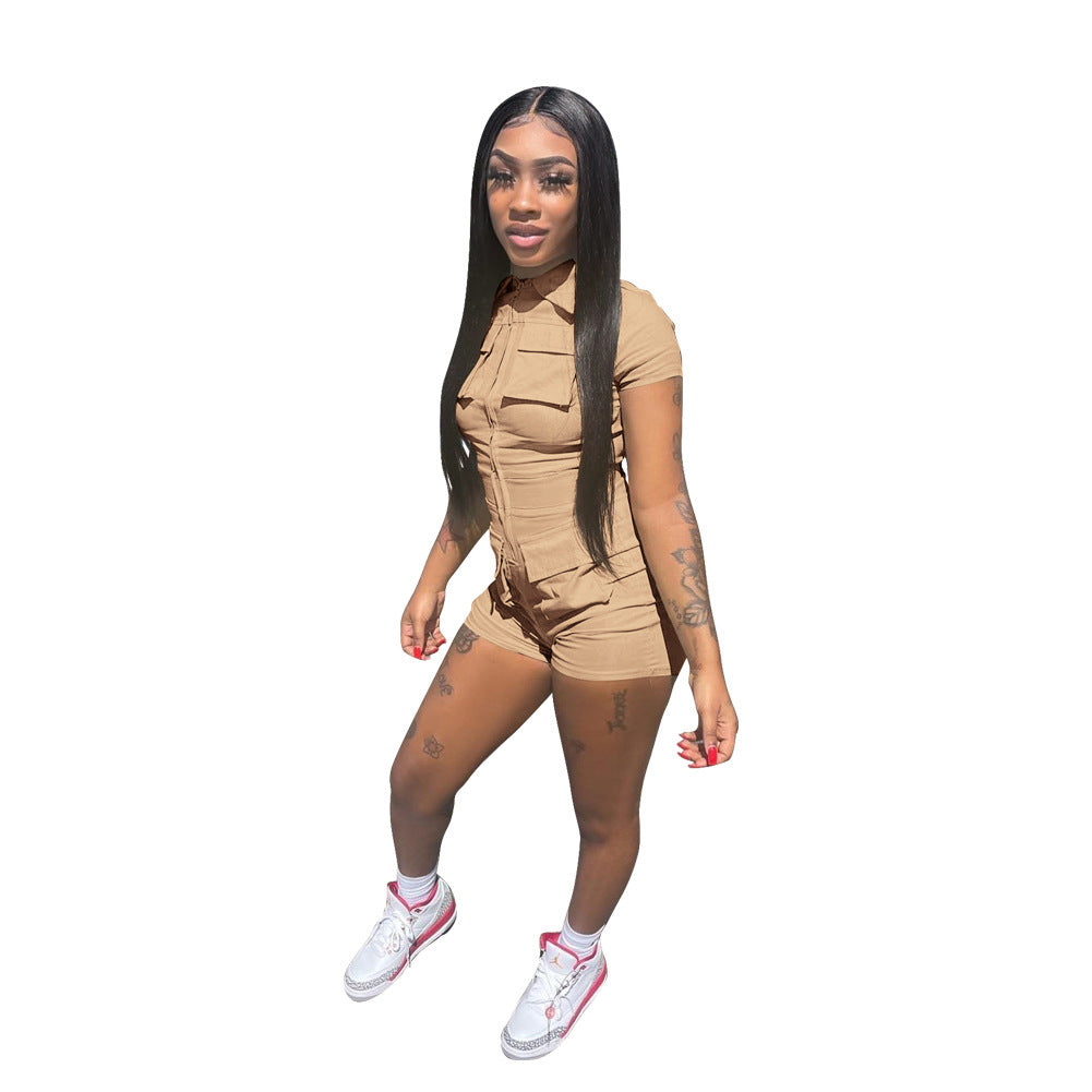 Women's Fashion Zipper Pocket Solid Color Work Jumpsuit