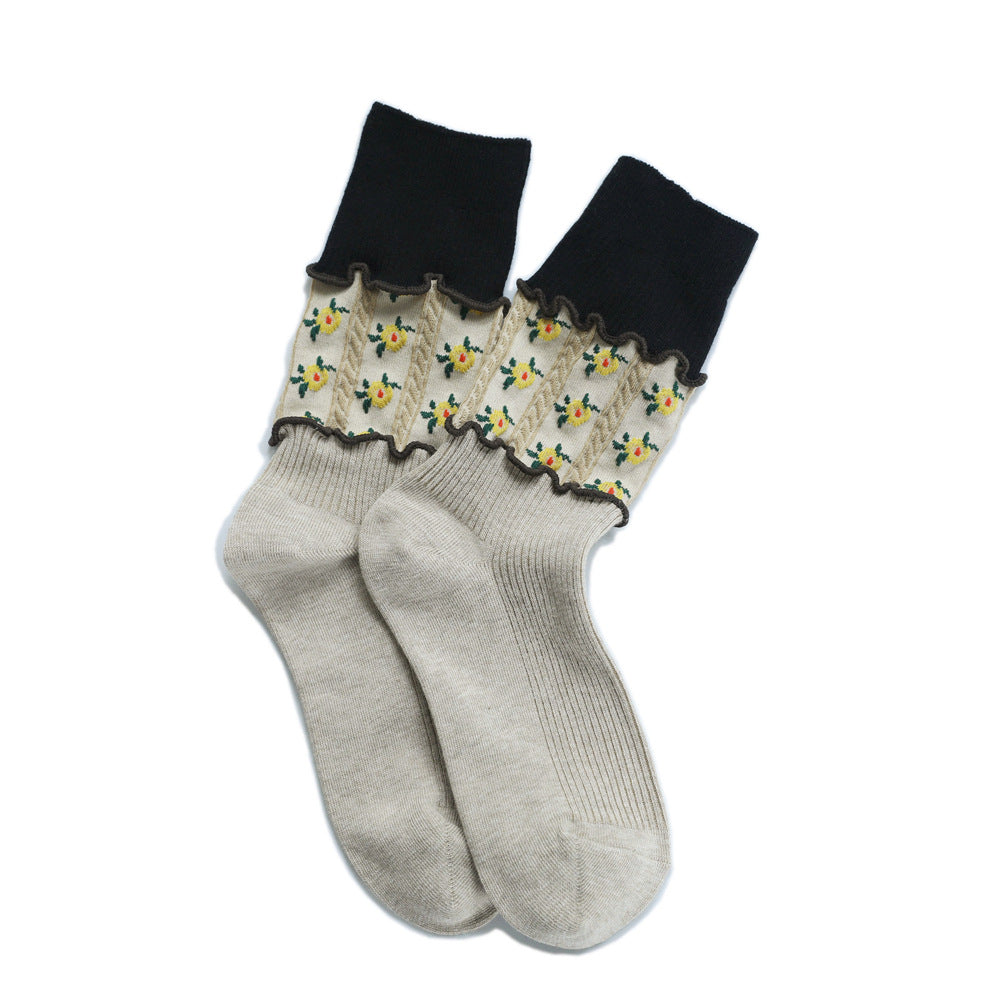Floral Three-dimensional Relief Stitching Mixed Material Retro Spring Ladies Loose Socks