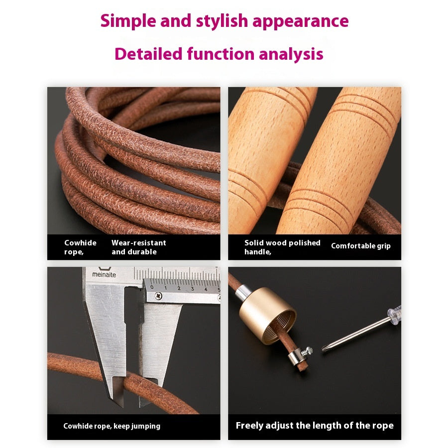 Fitness Weight Loss Exercise Slimming And Fat Burning Cowhide String Beech Handle Skipping Rope