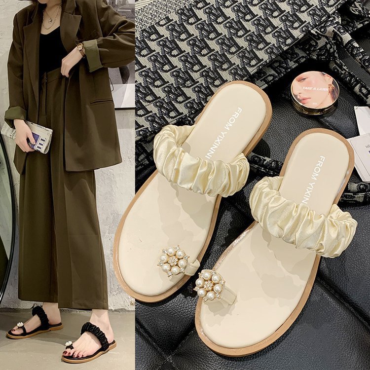 Flower pearl outer wear flat sandals and slippers