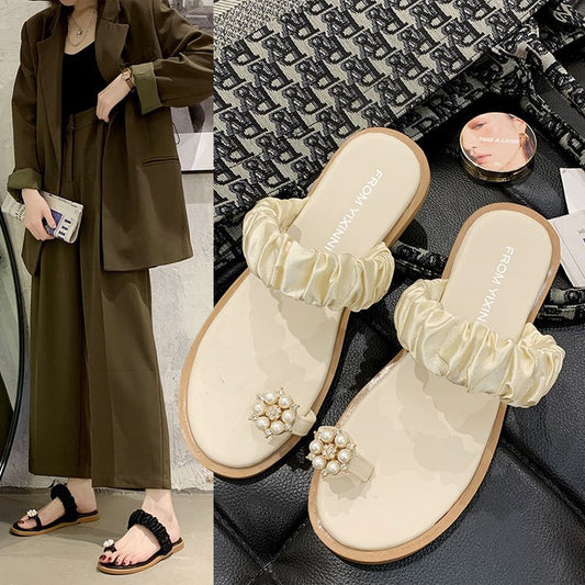 Flower pearl outer wear flat sandals and slippers
