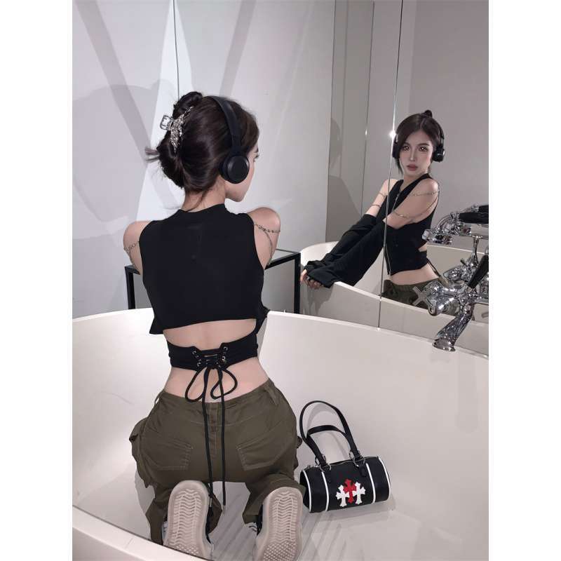 Black I-shaped Knitted Camisole For Women