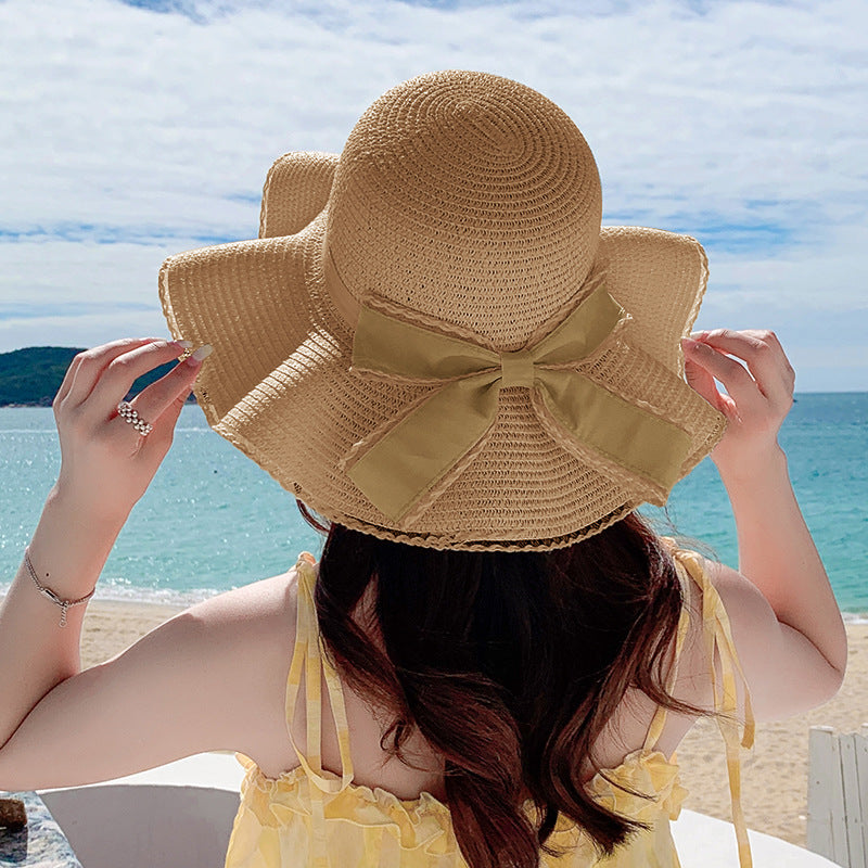 Lace Straw Hat With Wavy Big Brim Bow