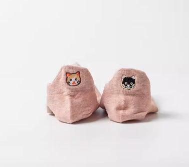 Spring Mesh Breathable Heel Embroidered Cat Women's Boat Socks