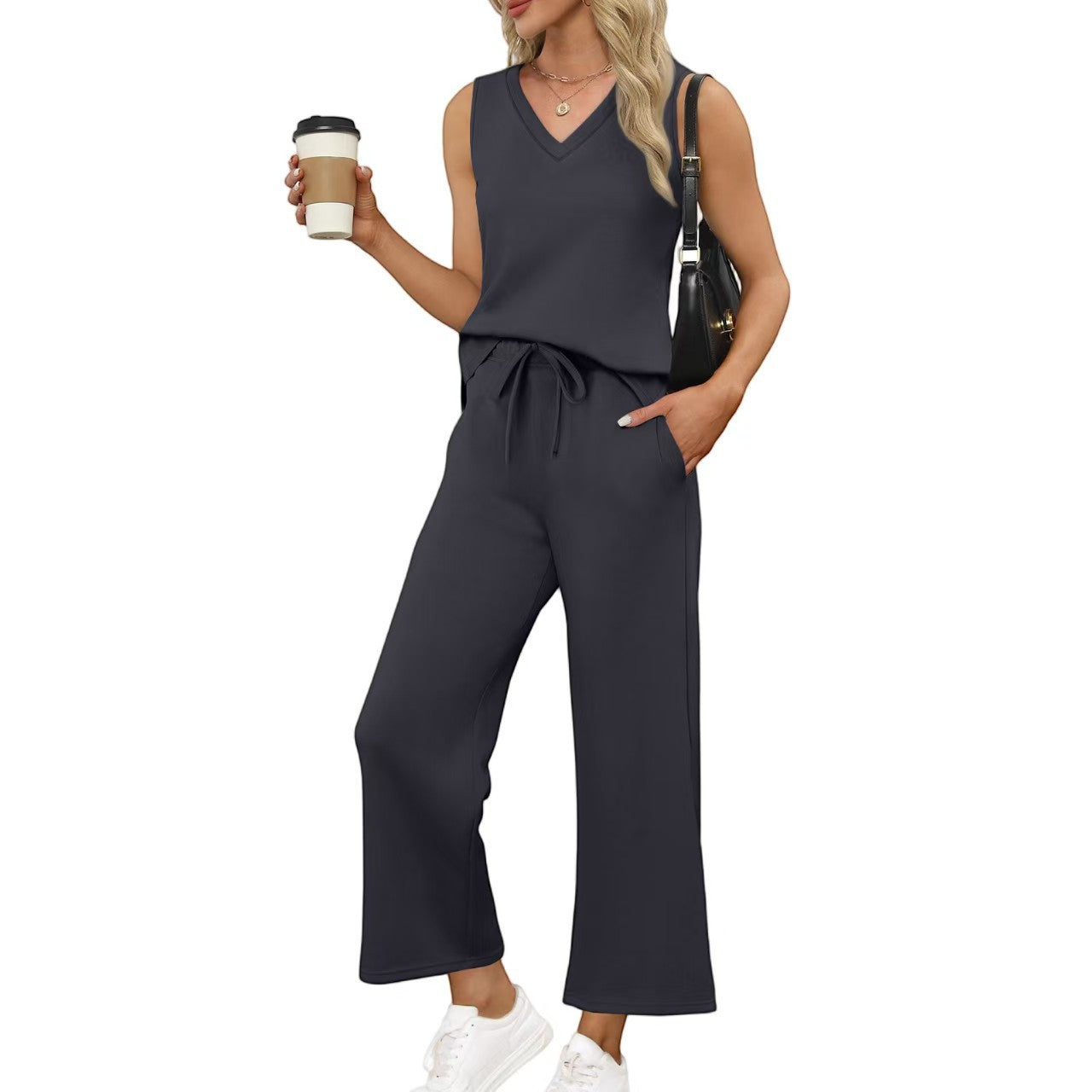 V-neck Vest And Casual Pants Set