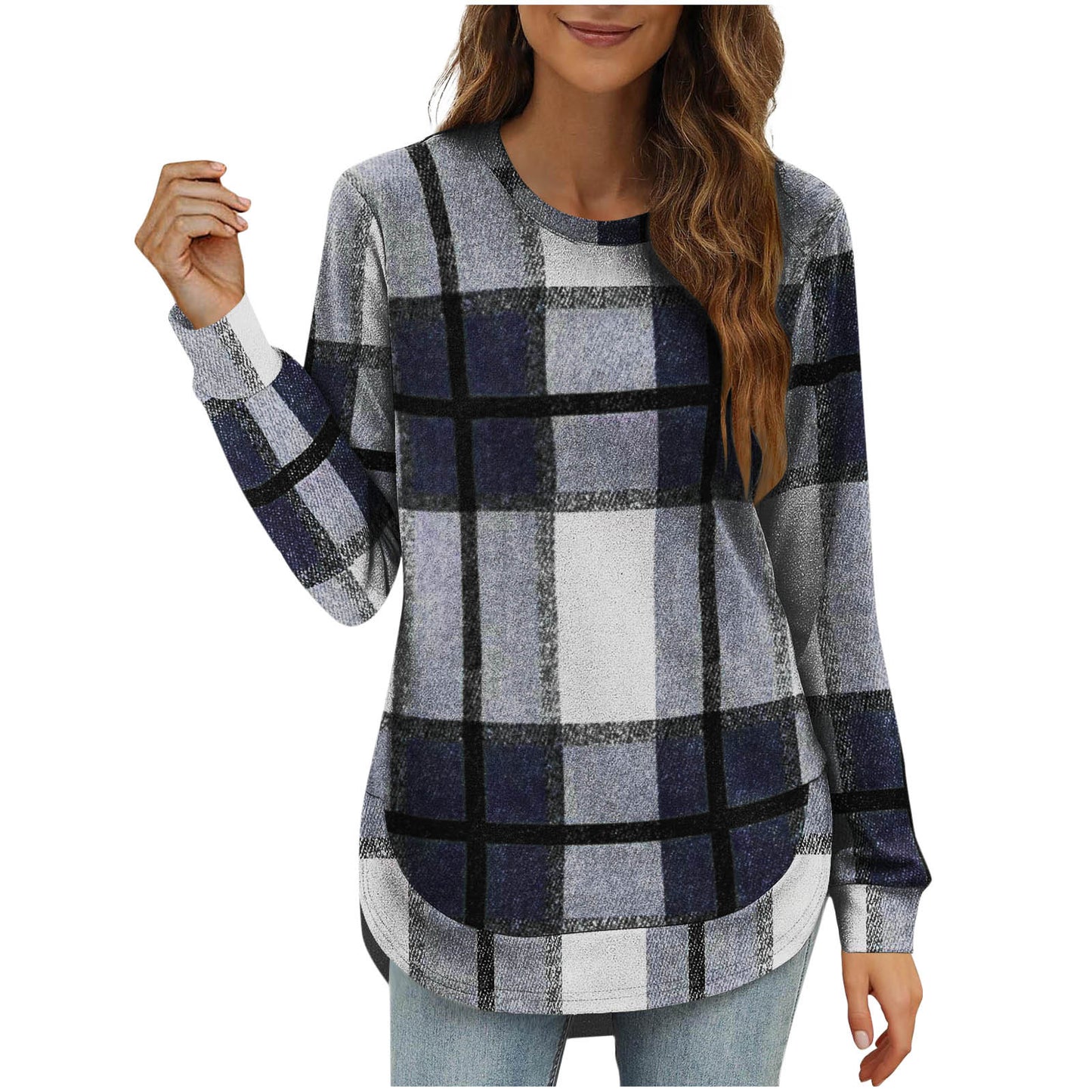 Women's Casual Loose Plaid Long Sleeve Round Neck Irregular Bottoming Shirt Top