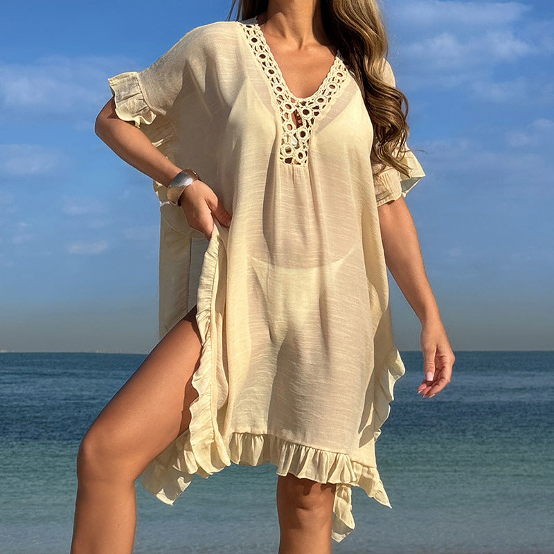 Hollow-out Hand-crocheted Floral Neckline With Ruffled Hem