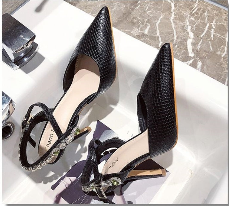 Pointed Toe Sandals Fashion Stiletto Heel Rhinestone Snake Pattern