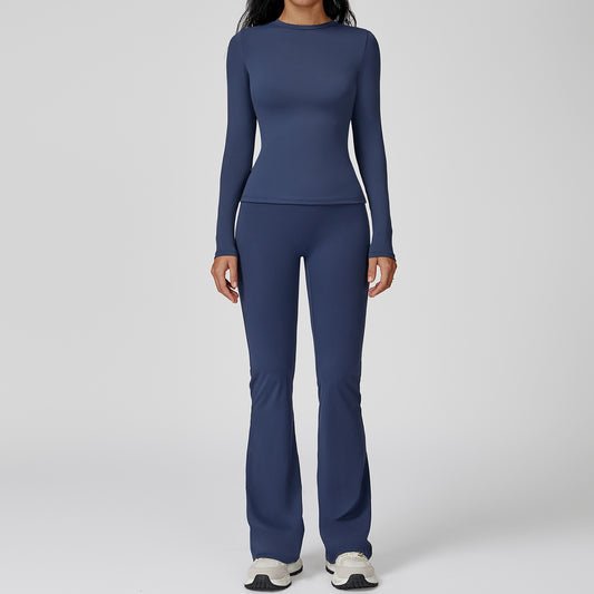 Womens Solid-Color Brushed Fabric Bodycon Back-Slimming Long-Sleeve Top And Pants Set