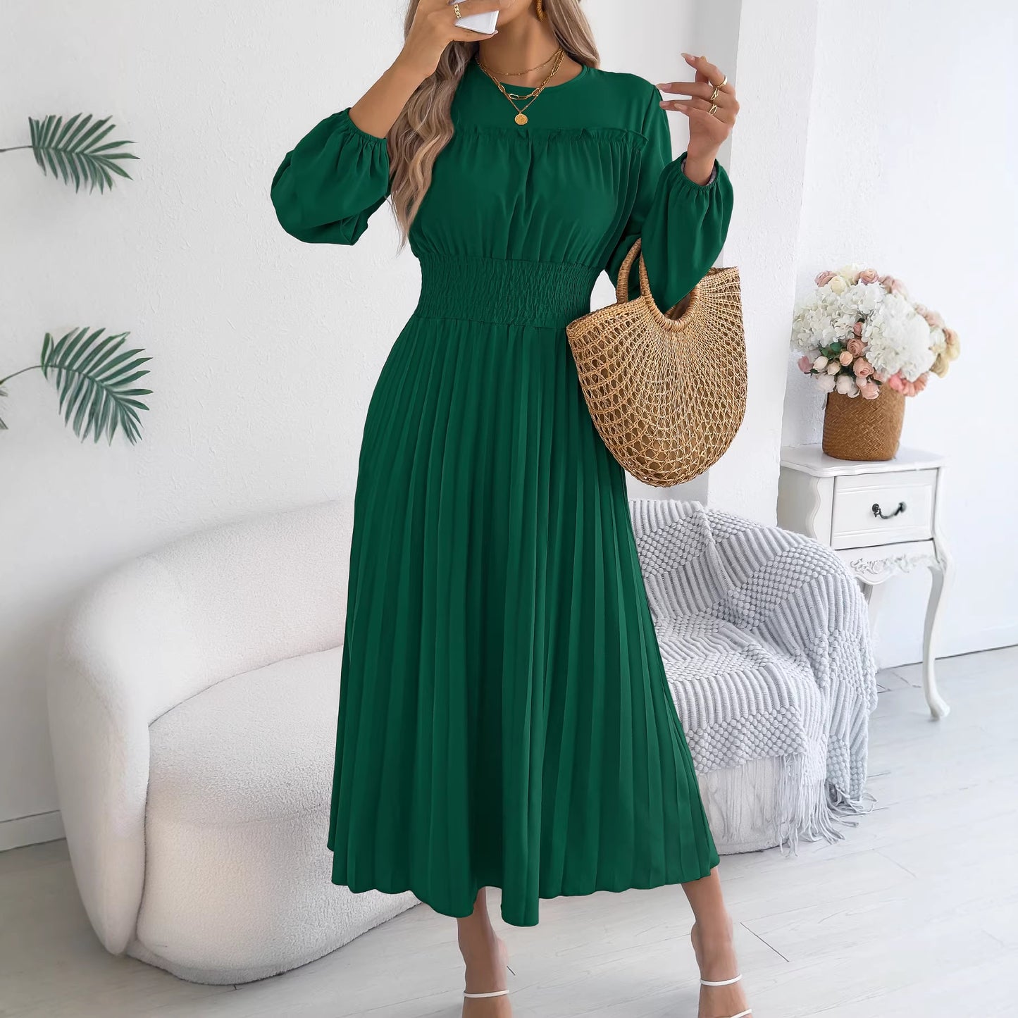 Elegant Ruffled Long-sleeve Cinched-waist Pleated Maxi Dress