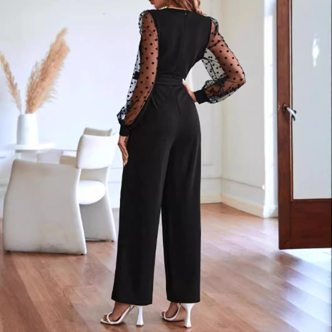 Fashion V-neck Women's Lace Long Sleeve Jumpsuit Belt Elegant Clothing