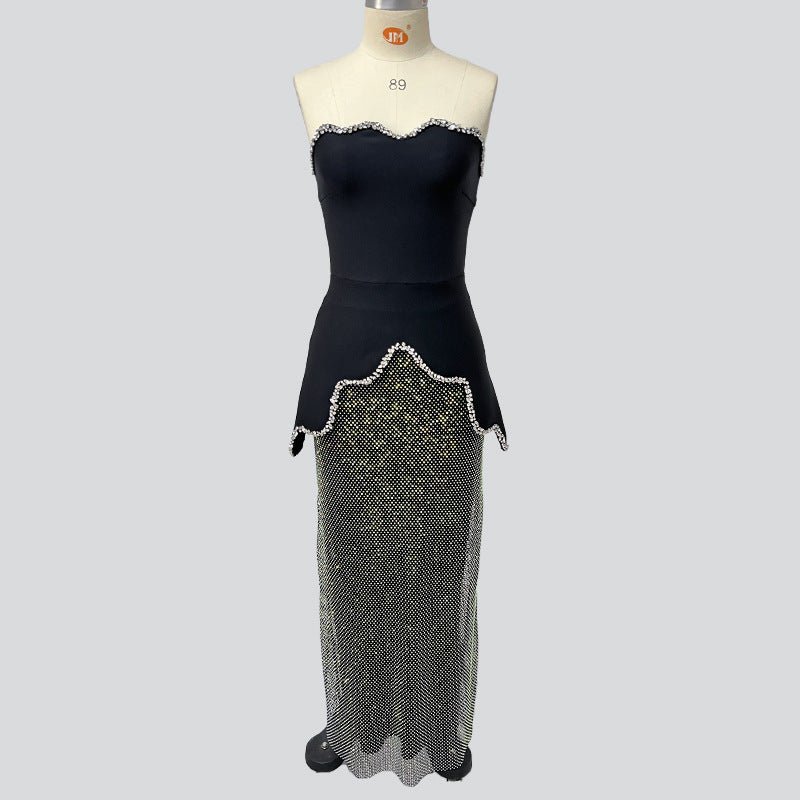 Black Crystal Tube Top Bandage Top High Waist Long Skirt Two-piece Suit