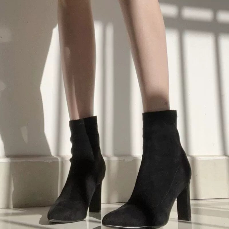 Suede Pointed Ankle Boots Chunky Heel