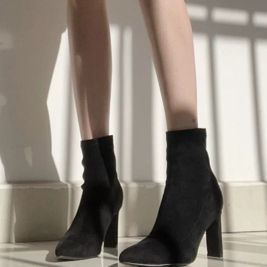 Suede Pointed Ankle Boots Chunky Heel