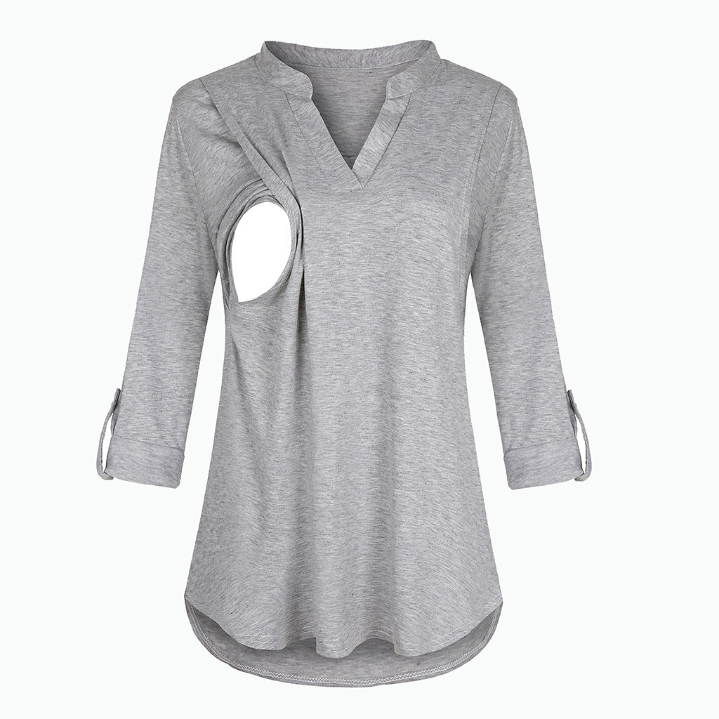 Plaid Printed Pregnant Woman Breastfeeding V-neck Long Sleeve Top