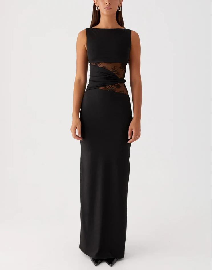 Womens Slim-Fit Lace-Patch Draping Dress