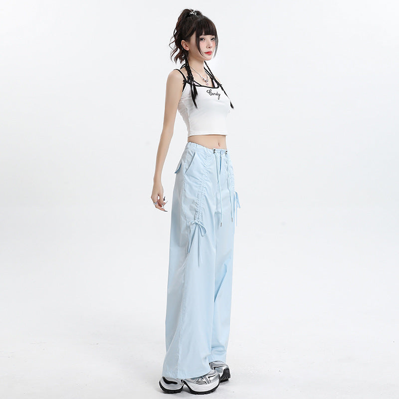 Straight Cargo Pants Women Bow Drawstring Wide Leg Track Pants