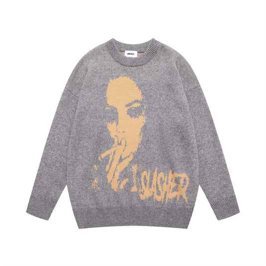 Trendy Portrait Jacquard Crew Neck Sweater